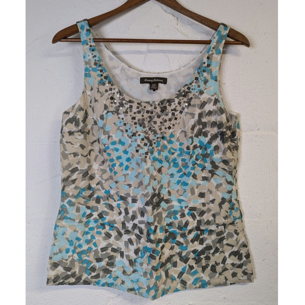Tommy Bahama Patterned Tank Top Sequin Embellishment Painterly Beachy Small